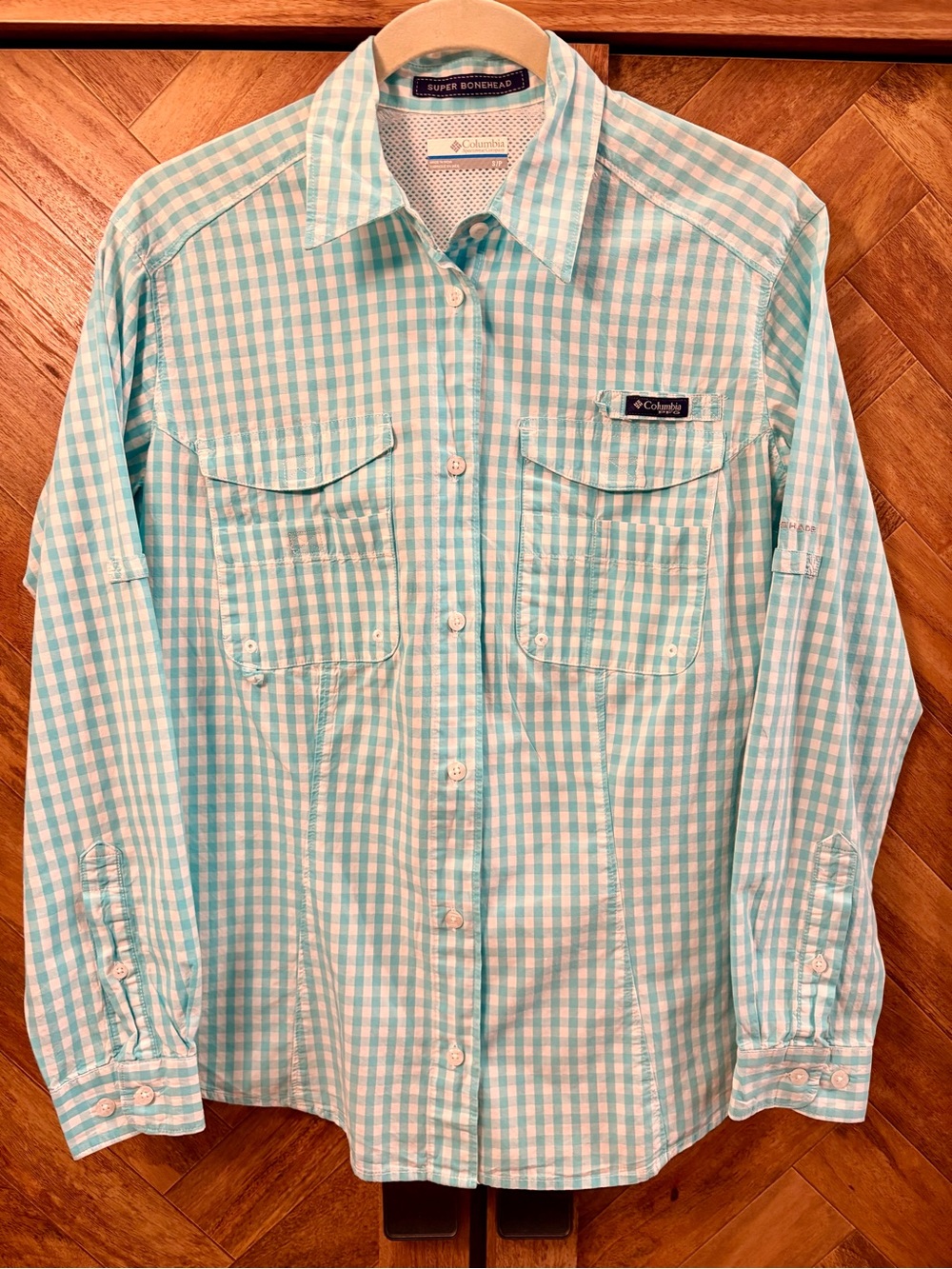 Columbia Women's PFG Super Bonehead Long Sleeve Teal Gingham Button Down